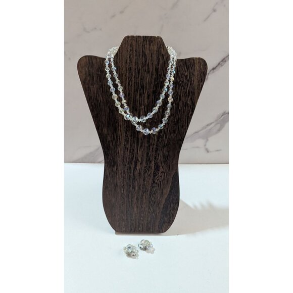 Vintage Aurora Borealis Crystal Necklace Clip-On Earring Set Double Strand Beads - Picture 4 of 7